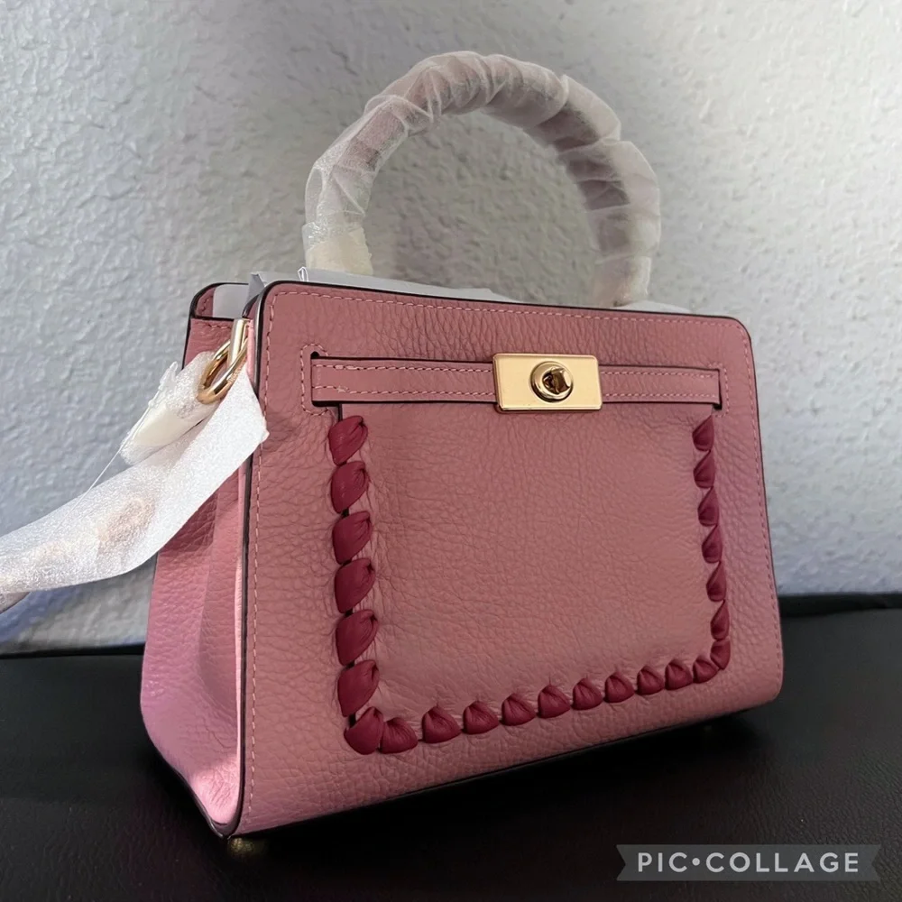SALE🔥COACH MINI LANE TOP‎ HANDLE WITH WHIPSTITCH GOLD/PINK LEATHER SHOULDER BAG